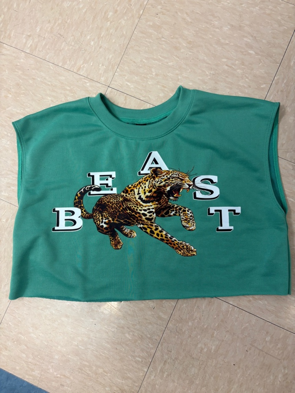 SHEIN Teal Sleeveless Crop Tank with Leopard Graphic and EAST Letters